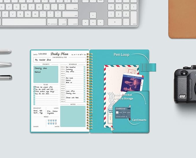 Daily Planner Undated, To Do List Notebook with Hourly Schedule Calendars Meal, Spiral Appointment Organizers Notebook for Man/Women, Pocket, Pen Loop, 160 Pages (5.5x8.5")