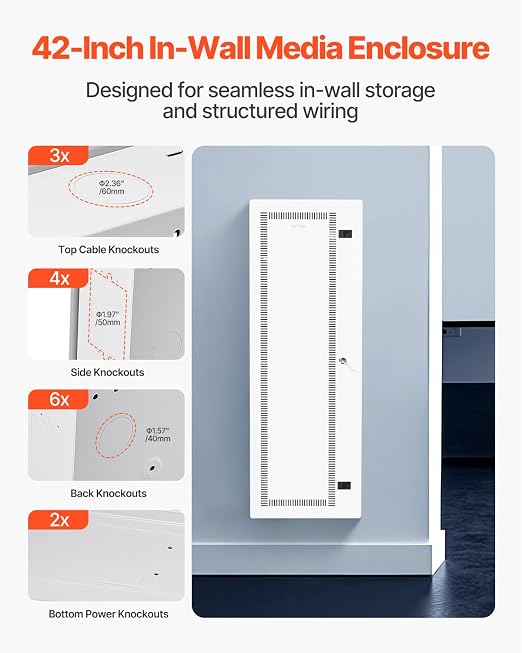 VEVOR Media Enclosure, 42-Inch, Structured Media Center with Vented Hinged Door, Cable Management Box, Structured Wiring Multi-Media Cabinet, Recessed Electrical Media Box, for Network Distribution