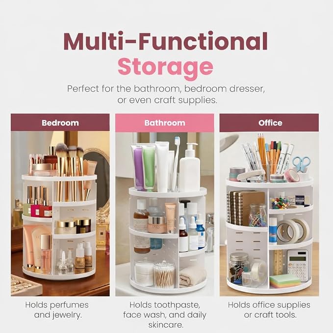 Masirs 360 Rotating Makeup Organizer Countertop, Adjustable Shelf, White | 360-Degree Rotating Makeup Organizer, Adjustable Shelf Height, Cosmetic Perfume Skincare Storage, Vanity Countertop, White