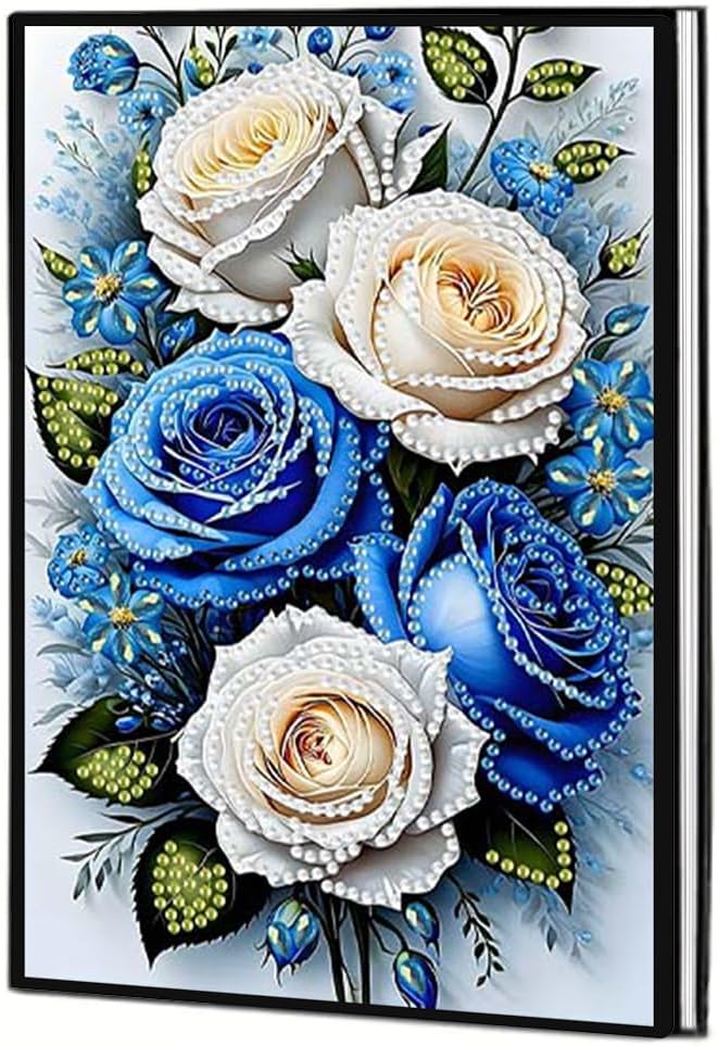 FRANDEK Pearl Painting Notebook Kit, Blue and White Rose A5 DIY Journal with 50 Blank Pages, Diamond Gem Art Cover with Waterproof Canvas, Beginner Craft Set with Full Tools for Adults