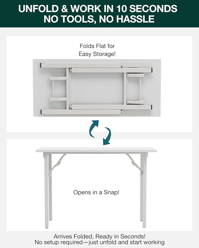 Frylr Small Folding Computer Desk – Portable 43.3 Inch Foldable Laptop Table, Collapsible and Compact for Easy Storage and Fast Setup, Lightweight for Small Spaces, Craft and Study Use, White