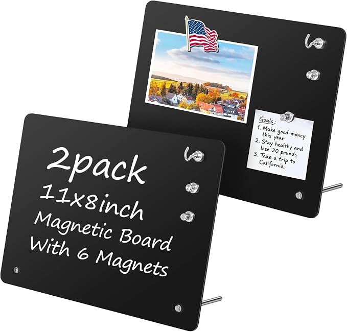 2 Pack Small Magnet Board - Black Magnetic Board | 11x8Inch Metal Magnetic Bulletin Board with 6 Magnets, Magnet Display Stand for Home School Kitchen Office