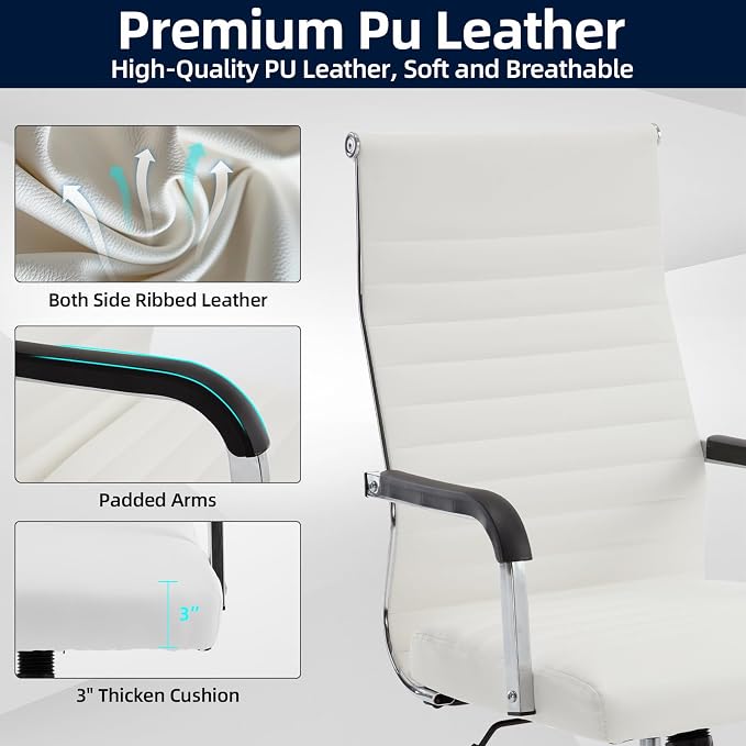 Office Chair, Ergonomic Executive Conference Room Chairs, Ribbed Leather Desk Chair with Lumbar Support, Adjustable Height Mid-Back Swivel Chair with Padded Seat