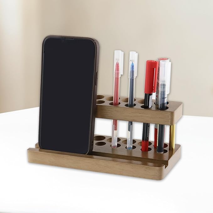 Crapyt Wooden Pen Display Stand with 15 Slots and Cell Phone Stand | Unique Pencil Holder for Desk Decor Minimalist Desk Organizer (Walnut Color)