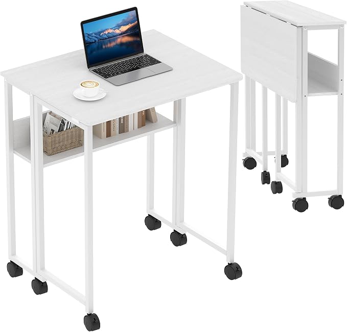 Folding Desk with Storage Shelf, 24.8 Inch Foldable Computer Table with Wheels for Small Spaces,Space Saving Sofa Table for Couch, Rolling Writing Work Office Computer Desk, Easy to Fold,White