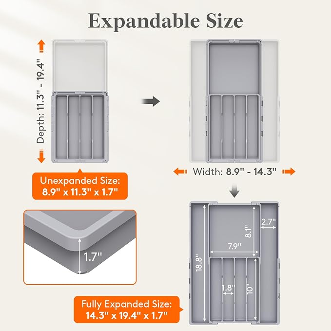 Lifewit Silverware Drawer Organizer, Expandable Utensil Tray for Kitchen, BPA Free Flatware and Cutlery Holder, Adjustable Plastic Storage for Spoons Forks Knives, 4-7 Slots, Gray