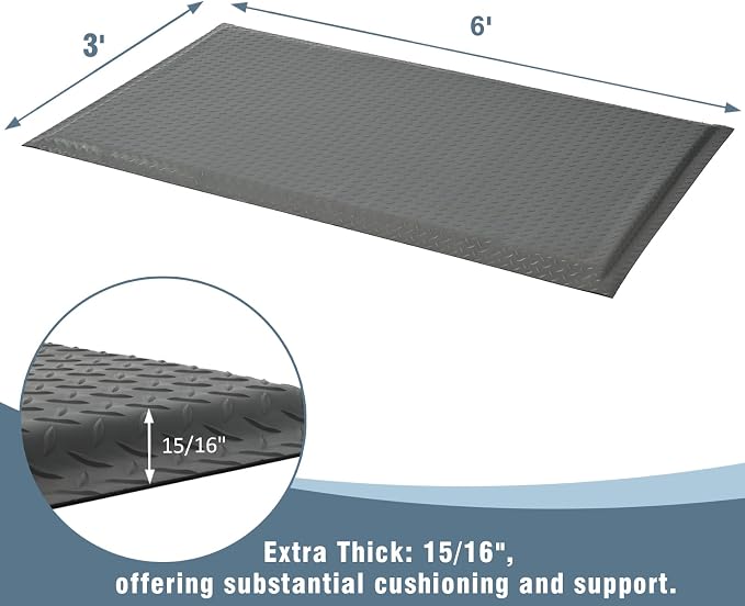 Anti Fatigue Mats Industrial 3' x 6' 15/16" Thick Ergonomic Standing Mat Commercial Kitchen Mat Heavy Duty Diamond Plate Shop Floor Mats Helps Relieve Back and Leg Soreness, Grey