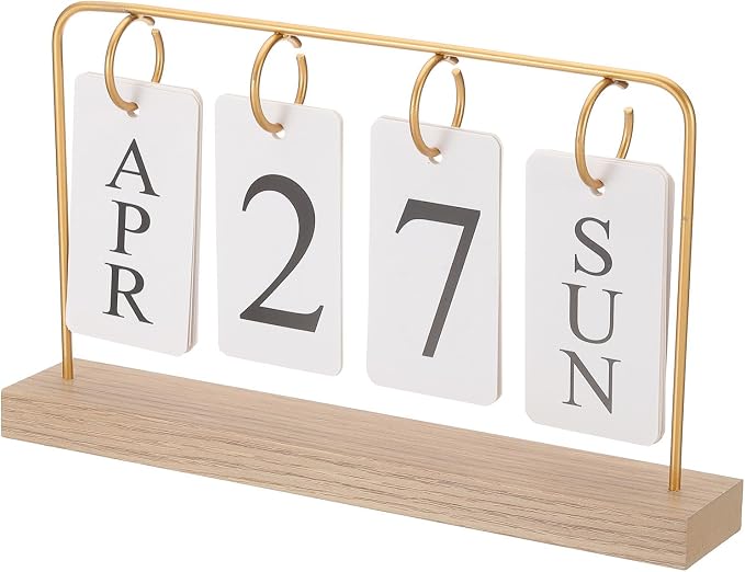PATIKIL Vintage Wood Perpetual Calendar, Wooden Flip Calendar Turn Page Month Date Display for Desk Office Home Room Decoration, Golden