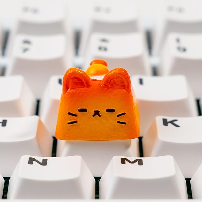 Artisan Cat Keycap for Mechanical Keyboards, Orange Fried Egg Cat-Shaped, Handmade Resin, 1U Size, MX Switch Compatible, Decorative Design for Gaming and Typing (MMK-HBD)