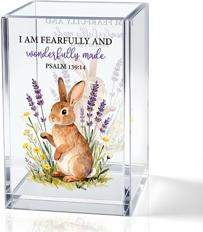 I Am Fearfully And Wonderfully Made Psalm 139:14 Acrylic Pencil Pen Holder Cup, Cute Rabbit Print Bookmark Storage Organizer, Desk Accessories Holder, Graduation Gifts for Daughter Niece