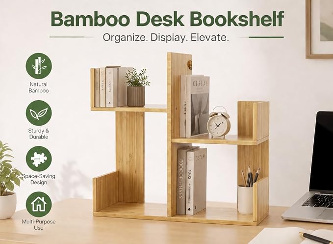 Modern 2-Tier Desk Bookshelf, Short Book Organizer, Display Shelf & Desktop Storage Rack, Space-Saving Desk Bookshelf for Books, Decor & Small Items, Natural