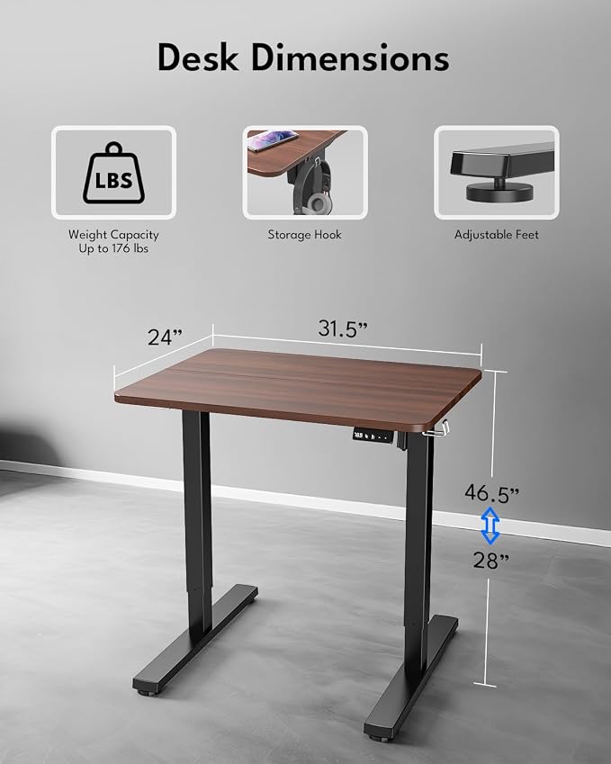 Small Electric Standing Desk, Gaming Desk, 31.5x24 Inch, Walnut | Height Adjustable Computer Desk with Smart Controller, Sit and Stand Up Table for Home, Office, Work, Study, Writing