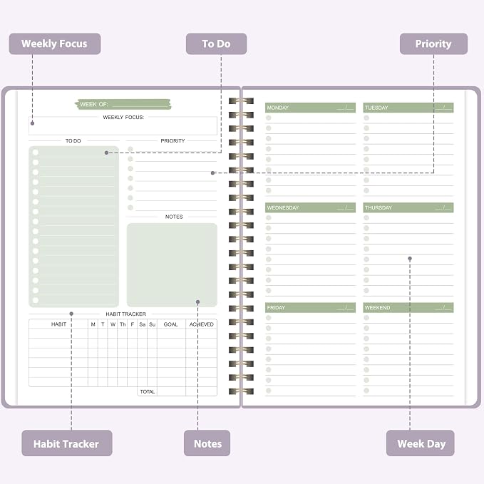 Undated Weekly Planner, Weekly To Do List Notebook with Goal, Organizer & Habit Tracker, A5 Daily Planner with Spiral Binding, Ideal for Office School Suppies