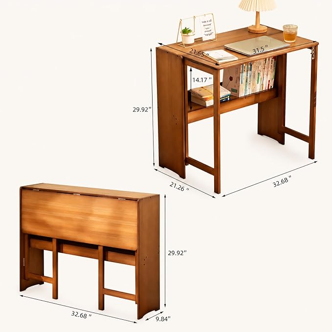 Bamboo Folding Desk, Foldable Computer Desk with Bookshelf, Space Saving Small Desk for Bedroom Home Office, Compact Writing Desk for Small Spaces