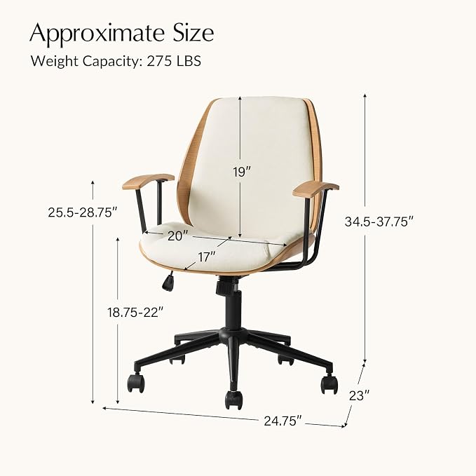HULALA HOME Solid Wood Office Chair with Tilt Function & Metal Base, Ivory | Mid Century Modern Desk Chair with Bent Wood Frame, 360° Swivel Fabric Computer Task Chair, Height Adjustable