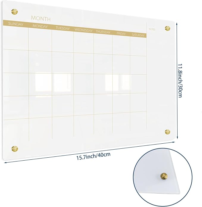 TORASO Glass Dry Erase White Board Monthly Calendar Board, Glass WhiteBoard for Wall, 11.8"x15.7", Planner Board for Home, Office, Schoo（ Monthly-WH-3040）