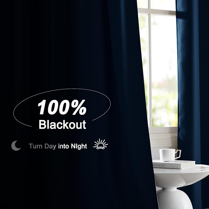 NICETOWN Moroccan Blue 100% Blackout Curtain Panels, 2 Pieces of 52x84 Inch Rod Pocket Window Drapes with Black Liner for Bedroom, Energy Smart & Noise Blocking Out Drapes for Baby Room
