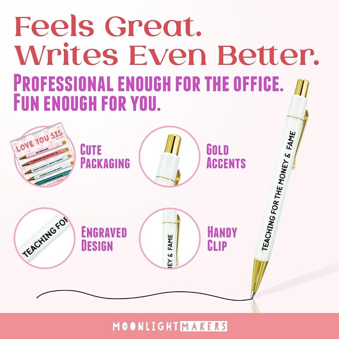 Moonlight Makers - Set of 5 Ballpoint Pens Black Ink- Engraved Funny Pens for Adults - Best Sister Ever Appreciation Adult Gifts - Ideal Desk Decor for Work & Office Desk - Cute Packaging, Handy Clips