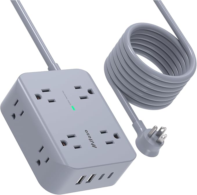 Power Strip Surge Protector - Flat Plug, Wall Mount, 8 Wide Outlets with 4 USB Ports (2 USB C), 5FT Heavy Duty Extension Cord with Multiple Outlets, Charging Station Home Dorm Office Accessories Gray