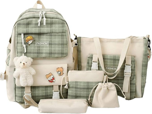 Aobiono 5Pcs Kawaii Plaid Backpack Set Aesthetic Preppy Cute Check with Pins Bear Pendant Light Academia School Supplies Kit