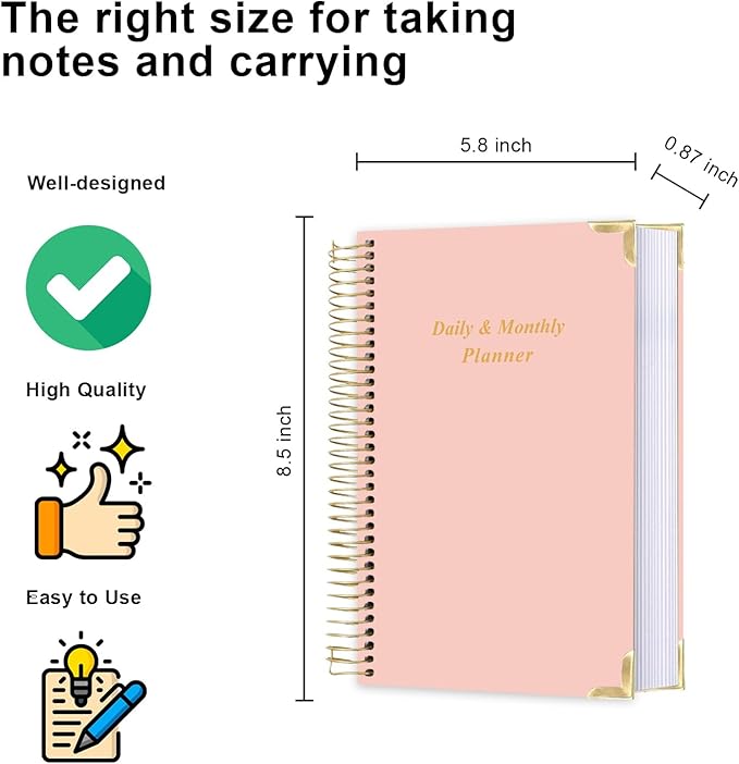 Undated Daily Monthly Planner for 2026 or Anytime - A5 To Do List with Hourly Schedule, Hardcover Spiral Bound Daily Planner to Increase Focus, Stylish School/Office Supplies, 5.8" x 8.5", Pink
