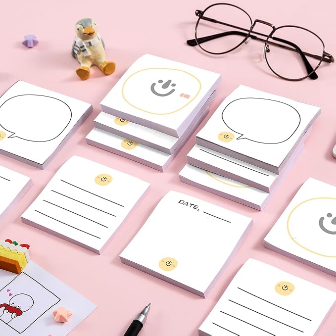 4-Pads 3x3 Sticky Notes, Smile Memo Pads with High-Adhesive, Fun Self-Stick Notes, Reusable & Tearable for Journal Planners Office School Home, Cute Stationery Gift - Smile
