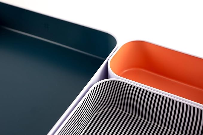 Three by Three Seattle Metal Drawer Organizer Tray Set, 6-Pc (Berry Mix) | Deep 2" food-safe colorful metal bins; soft non-scratch base; kitchen, vanity, bathroom & office drawer storage