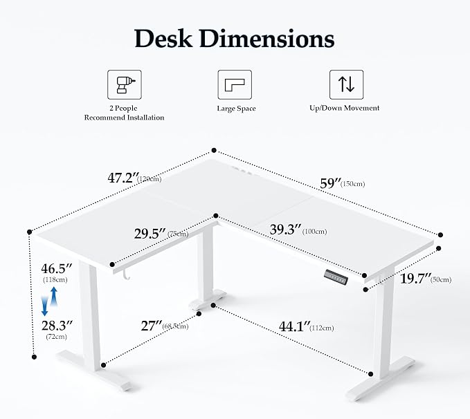 Klicelor L Shaped Standing Desk 59 x 48 Inch, Electric Height Adjustable Corner Desk for Home Office Workstation, Ergonomic Sit Stand Computer Table with Memory Controller, White