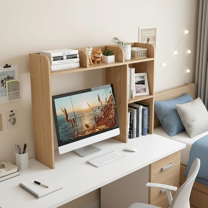 Tangkula Desktop Bookshelf, Countertop Storage Hutch with 5 Shelves for Computer Desk, 3-Tier Display Rack, Multipurpose Wood Storage Organizer for Dorm Office Home