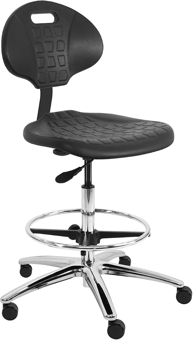 BenchPro Height-Adjustable Chair, Sturdy Polyurethane Foam Seat with 450 lb Capacity Black, Footring and Chrome Heavy Polished Steel Base – Ideal for Automotive, Lab, Cleanroom, and Home Use