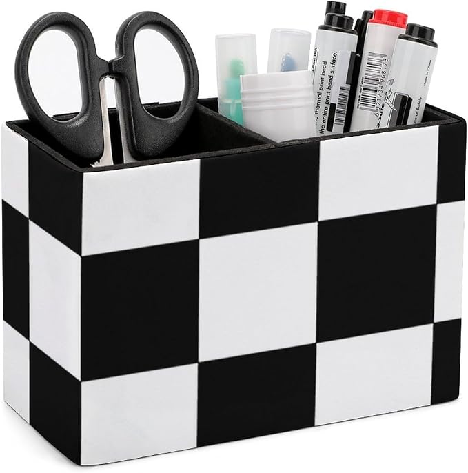 Black And White Grid PU Leather Pen Holder Desk Organizer, 2-Compartment Pencil Container for Office, Home, Vanity Use