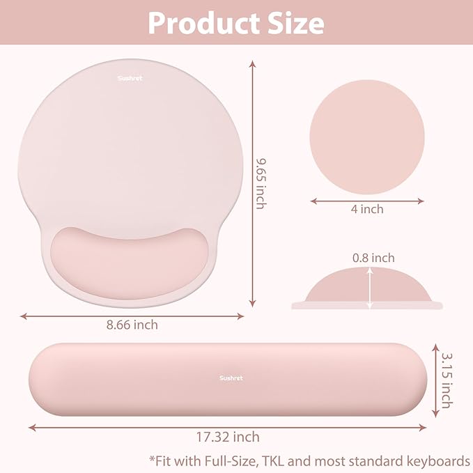 Mouse Pad and Keyboard Wrist Rest, 3-in-1 Gel Memory Foam Ergonomic Mouse Pad with Wrist Rest Set, Gaming Mousepad Arm Cushion Support for Computer Office Desk Accessories Cute Setup, Pink