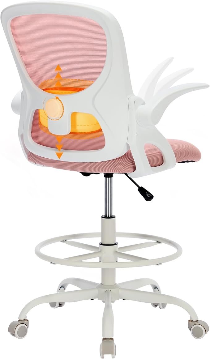LukkDys Drafting Chair with Arms, Tall Office Chair for Standing Desks | Ergonomic lumbar pad, breathable mesh and foot ring support forward-leaning posture for sewing, crafts and daily studio work.