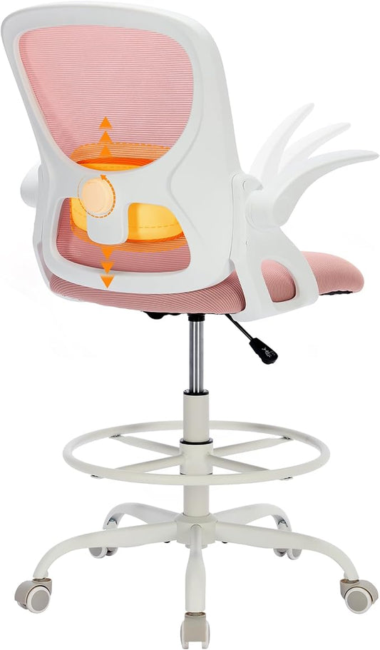 LukkDys Drafting Chair with Arms, Tall Office Chair for Standing Desks | Ergonomic lumbar pad, breathable mesh and foot ring support forward-leaning posture for sewing, crafts and daily studio work.