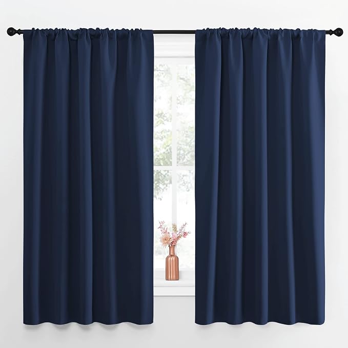 NICETOWN Navy Curtains Blackout Draperies - Modern Design Thermal Insulated Rod Pocket Blackout Drapes for Kid's Bedroom, Window Covering (1 Pair, 52 x 63 inches)