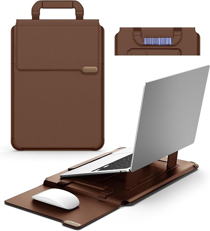 Nillkin 14 inch Laptop Sleeve with Handle (4-in-1), 2 Stand Modes, Slim Laptop Case with Adjustable Stand & Mouse Pad, MacBook Air 13 inch Case for Samsung/Surface/HP/Chromebook/Dell 12-14‘’, Brown ﻿