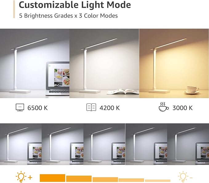 Lepro LED Desk Lamp with USB Charging Port, 700LM Dimmable Home Office Touch Control Reading Table Lamp,5 Color Modes with 5 Brightness Level, Dorm Room Essentials, Task Lamp, Sewing, Crafting, White