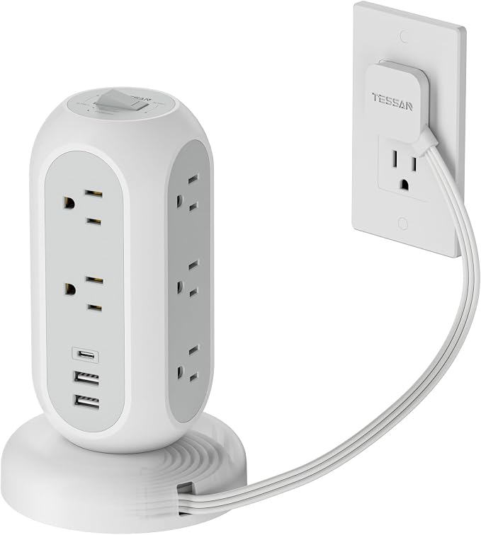 TESSAN Tower Power Strip Flat Plug with 11 Outlets 3 USB (1 USB C), Surge Protector Tower 1625W/13A,1050J Protection, 5 Ft Retractable Extension Cord with Multiple Outlets, Office Desk Supplies, Grey