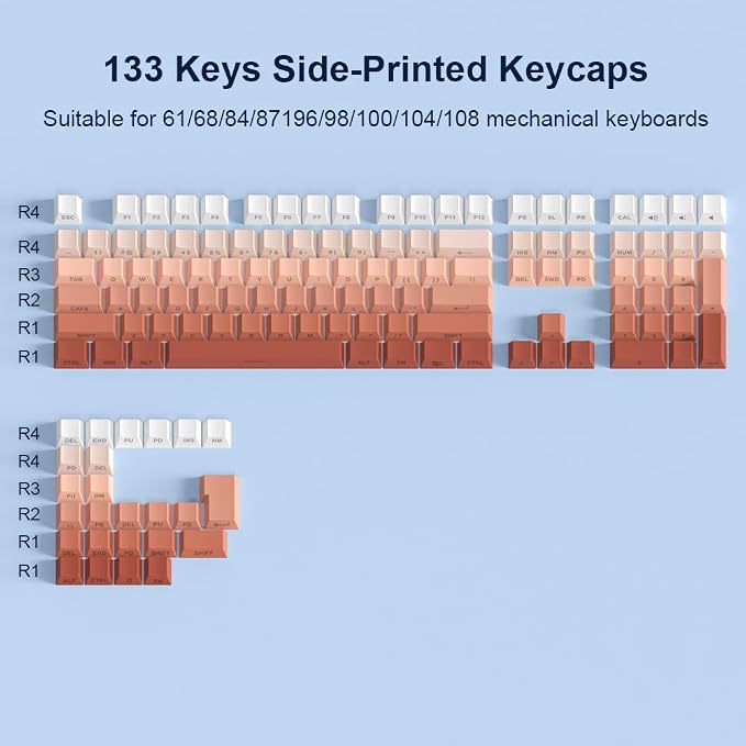 PBT Keycaps-Side Print Key Cap Set, Double Shot Shine Through Custom Key caps, Cherry Profile 133 Keys for Mechanical Keyboards Gradient Blue (Gradient Rouge)