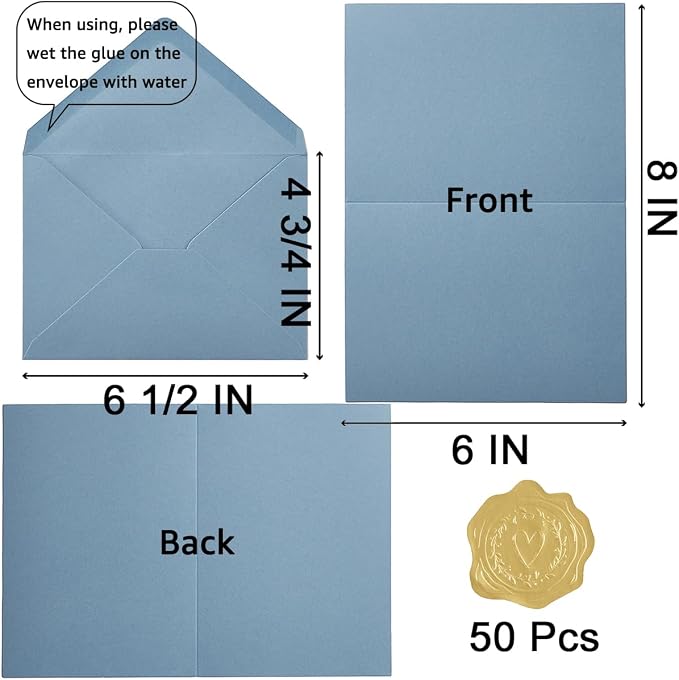 50 Pack Dusty Blue A6 Envelopes with Cards and Gold Stickers, 4x6 | With Thick Folded Cardstock, For Greeting Cards, Wedding, Birthday, Invitations, Baby Showers