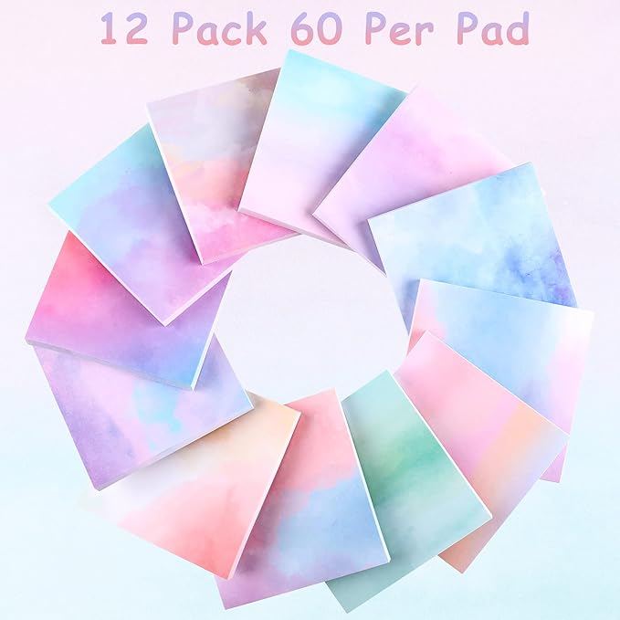 Outus 12 Pads 720 Sheets Gradient Watercolor Sticky Notes 2.8 x 2.8 Inch Cute Sticky Notes Bulk Fun Self Adhesive Memo Pads for Office School Classroom Home Students Teachers Gifts(Classic)
