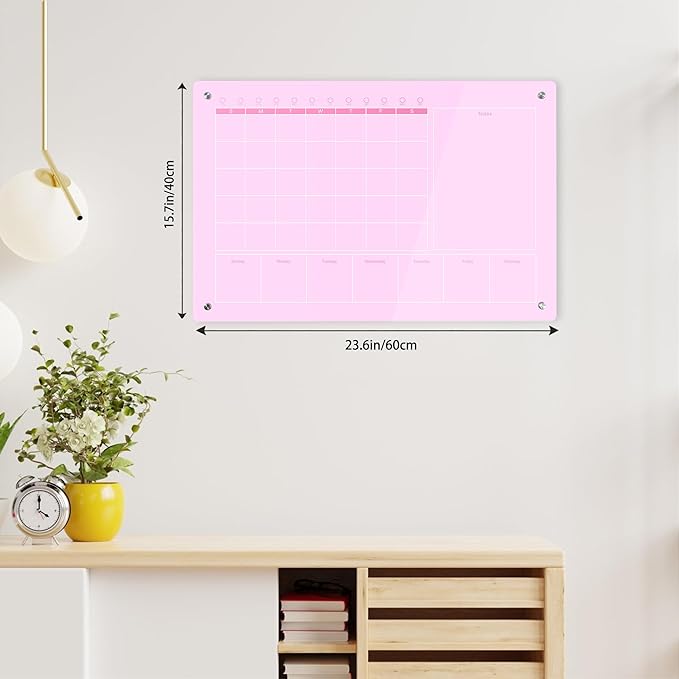 Large Acrylic Calendar for Wall,24"X16",Acrylic Dry Erase Calendar for Wall,Pink Dry Erase Board for Home/Office