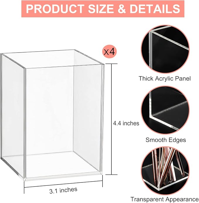 Mototo 4 Pieces Clear Acrylic Pen Holder Acrylic Pencil Cup Makeup Bush Holder Acrylic Desktop Stationery Organizer for Office, School, Home Desk Accessories - 4 Pack, Square