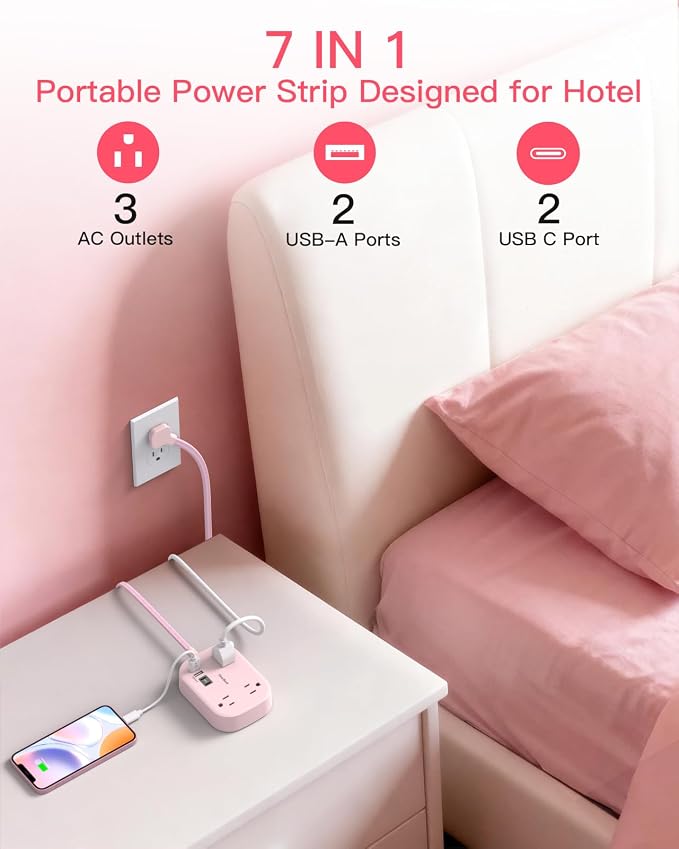 Cruise Essentials 2026,Travel Power Strip with USB C,Flat Plug Extension Cord 10 ft with 3 Outlets 4 USB Ports(2 USB C), Desk Wall Outlet Extender,Non Surge Protector for Cruise,Dorm Room,ETL-Pink