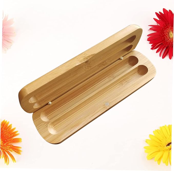 Bamboo Pen Box with Two Pen Slots - Eco-Friendly Wooden Pencil Case Organizer for Desk Supplies and Stationery Storage at Home and Office