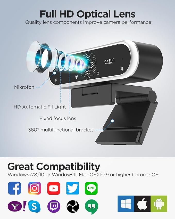 Webcam 4K with Microphone & Privacy Cover for PC/Laptop, USB Computer Camera Plug & Play with Auto Light Correction for Video Calls, Live Streaming Gaming & Online Meetings