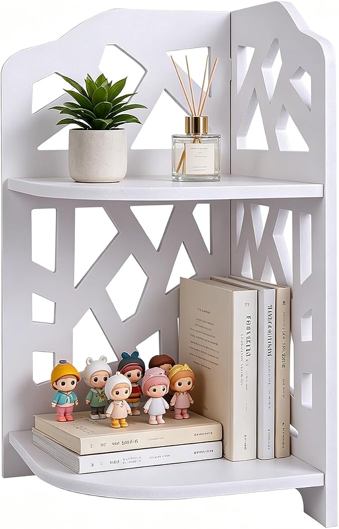 HornTide 2-Tier Corner Shelf, Brief Fashion Organizer Storage Rack, for Cosmetic Doll Potted-Plant Vitamins Supplements Caddy, DIY Desk/Table Decoration, Wood-Plastic Composites, White