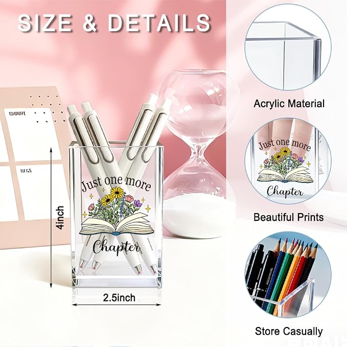 Just One More Chapter Acrylic Pencil Pen Holder Cup, Reading Book Club Makeup Brush Storage Organizer, Cute Bookish Desk Accessories Holder Gifts for Daughter Librarian Teacher Holders (B)