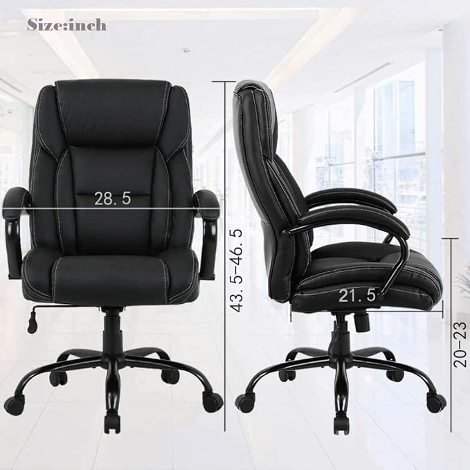 Big & Tall Executive Office Chair Heavy Duty 500LBS Computer Desk Chair Ergonomic High Back Task Rolling Swivel Chair with Lumbar Support Armrest PU Leather Oversizd Wide Seat Office Chair, Black