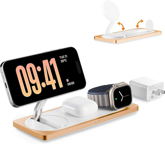 PETINO 3 in 1 Wireless Charging Station for Apple Devices with MagSafe | For iPhone 17/Air/16/15/14/13/12, AirPods & Apple Watch, Foldable Portable Aluminum Charging Stand, Adapter Included